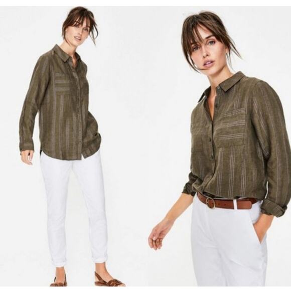 Boden Olive Green & Metallic Pink Strip Linen Button Down Long Sleeve Shirt - Picture 1 of 8